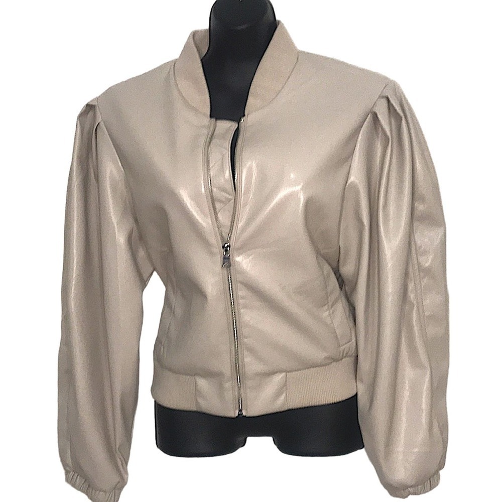House of Harlow vegan Taupe Faux Leather puff sleeve Jacket size Large